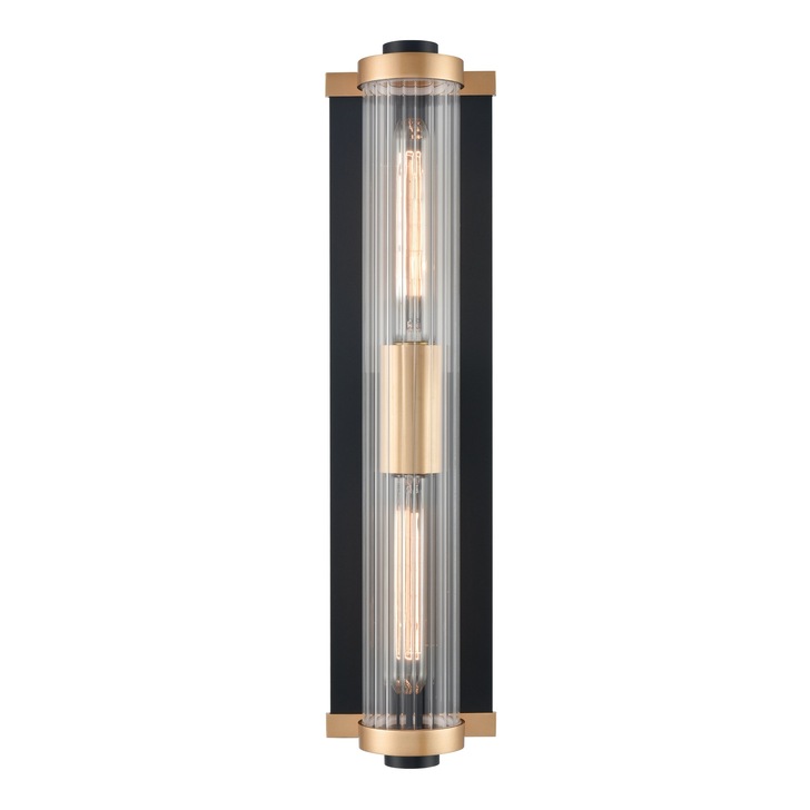 Franklite Charleston Large Exterior Wall Light In Matt Black & Aged Brass With Clear Ribbed Glass - IP44