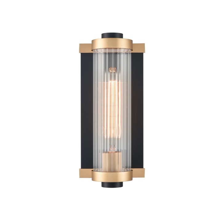 Franklite Charleston Small Exterior Wall Light In Matt Black & Aged Brass With Clear Ribbed Glass - IP44