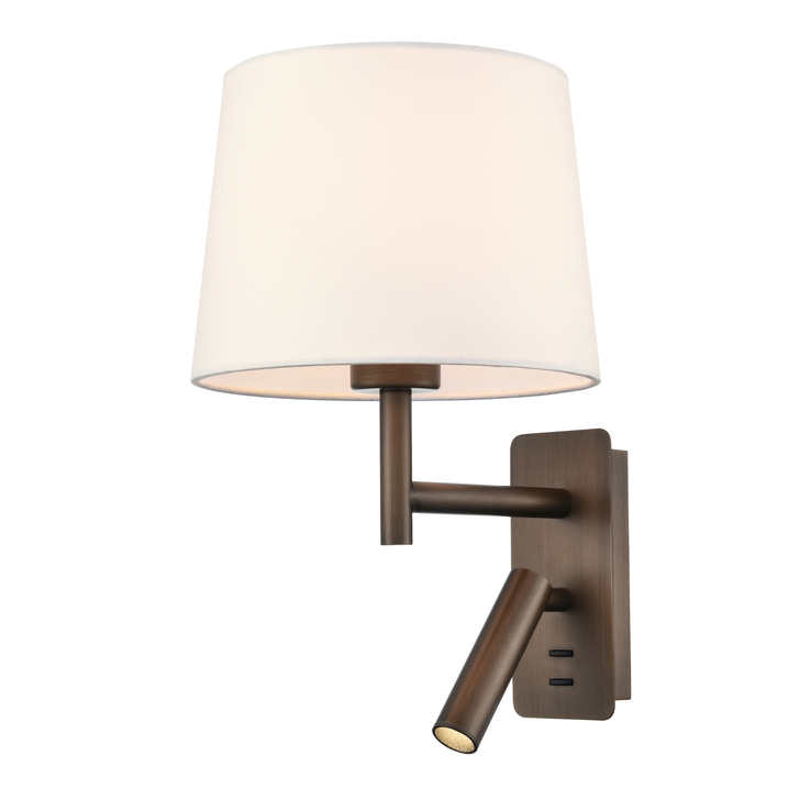 Franklite Christie Brushed Bronze Wall Light Complete With Off-White Cotton Shade And Adjustable Led Reader - Switched - 3000K