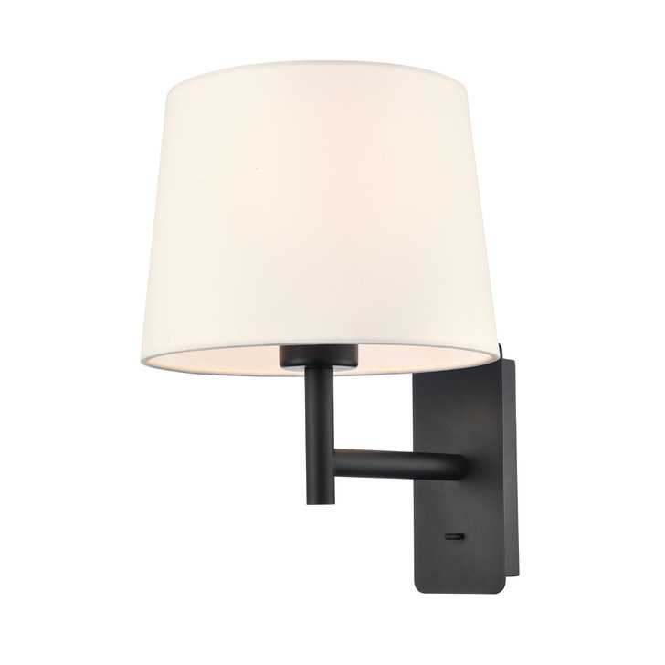 Franklite Christie Matt Black Wall Light Complete With Off-White Cotton Shade - Switched
