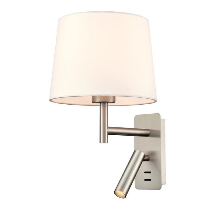 Franklite Christie Satin Nickel Wall Light Complete With Off-White Cotton Shade And Adjustable Led Reader - Switched - 3000K