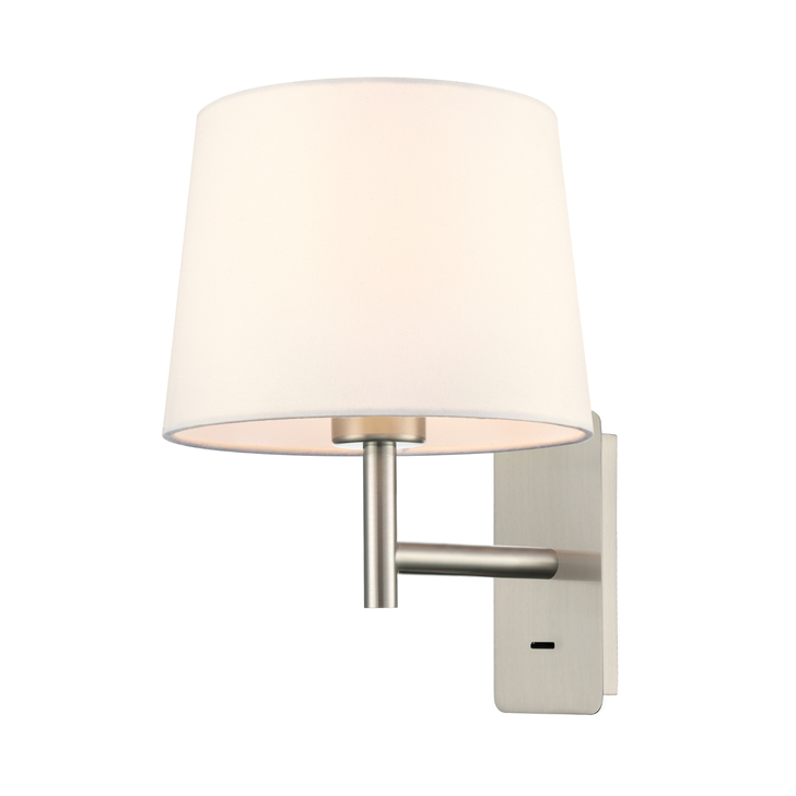 Franklite Christie Satin Nickel Wall Light Complete With Off-White Cotton Shade - Switched