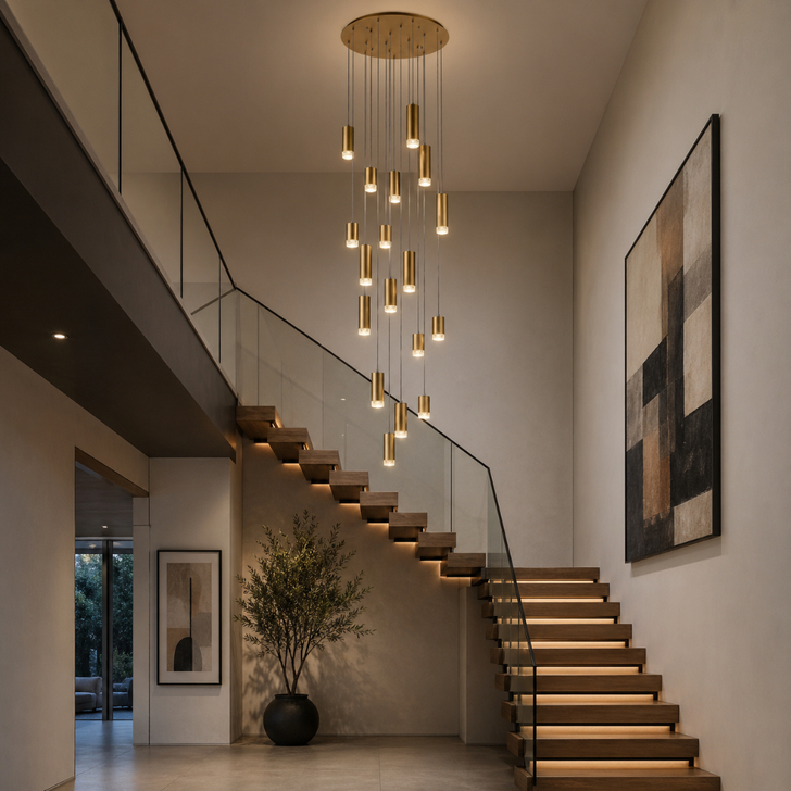 Franklite Cordelia Large Satin Brushed Gold 18 Light Cluster Stairway Pendant Light Complete With Clear Textured Glasses