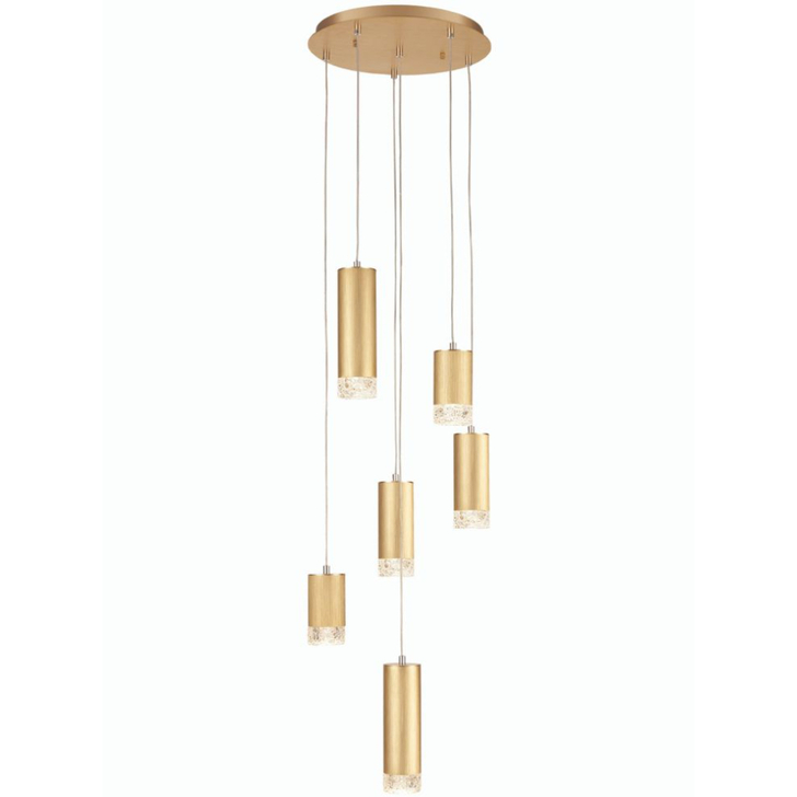 Franklite Cordelia Satin Brushed Gold 6 Light Cluster Pendant Light Complete With Clear Textured Glasses