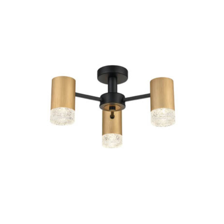 Franklite Cordelia Satin Brushed Gold And Matt Black 3 Light Semi-Flush Ceiling Light With Clear Textured Glasses