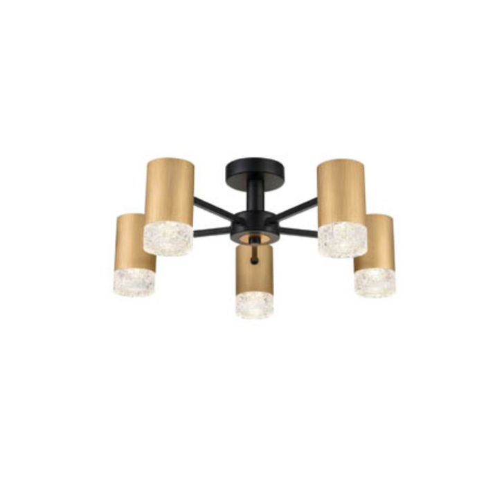 Franklite Cordelia Satin Brushed Gold And Matt Black 5 Light Semi-Flush Ceiling Light With Clear Textured Glasses