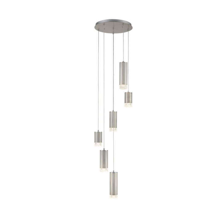 Franklite Cordelia Satin Brushed Silver 6 Light Cluster Pendant Light Complete With Clear Textured Glasses