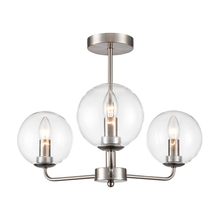 Franklite Court Satin Nickel 3 Light Semi-Flush Ceiling Light Complete With Clear Globe Glass