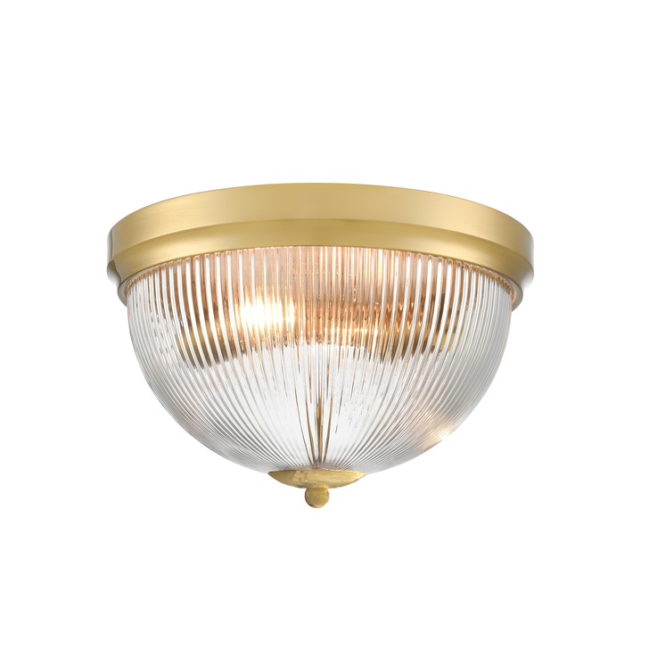 Franklite Cupola Dome Shaped 2 Light Aged Brass Flush Ceiling Light Complete With Clear Ribbed Glass
