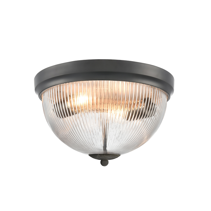 Franklite Cupola Dome Shaped 2 Light Matt Black Flush Ceiling Light Complete With Clear Ribbed Glass