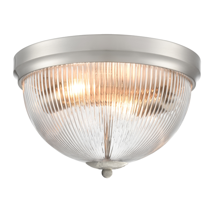 Franklite Cupola Dome Shaped 2 Light Satin Nickel Flush Ceiling Light Complete With Clear Ribbed Glass