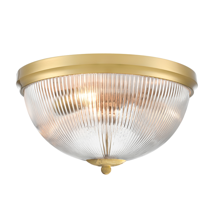 Franklite Cupola Dome Shaped 3 Light Aged Brass Flush Ceiling Light Complete With Clear Ribbed Glass