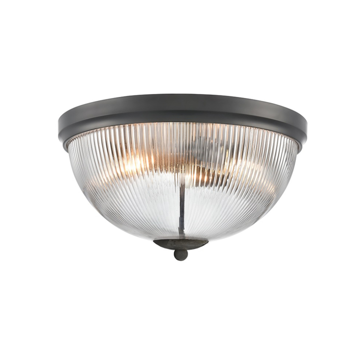 Franklite Cupola Dome Shaped 3 Light Matt Black Flush Ceiling Light Complete With Clear Ribbed Glass