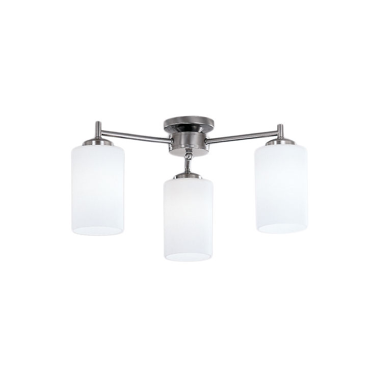 Franklite Decima 3 Light Flush Ceiling Light In Satin Nickel Complete With Matt White Cylinder Glasses