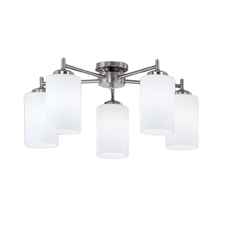 Franklite Decima 5 Light Flush Ceiling Light In Satin Nickel Complete With Matt White Cylinder Glasses