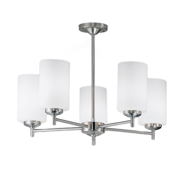 Franklite Decima 5 Light Semi-Flush Ceiling Light In Satin Nickel Complete WIth Matt White Cylinder Glasses