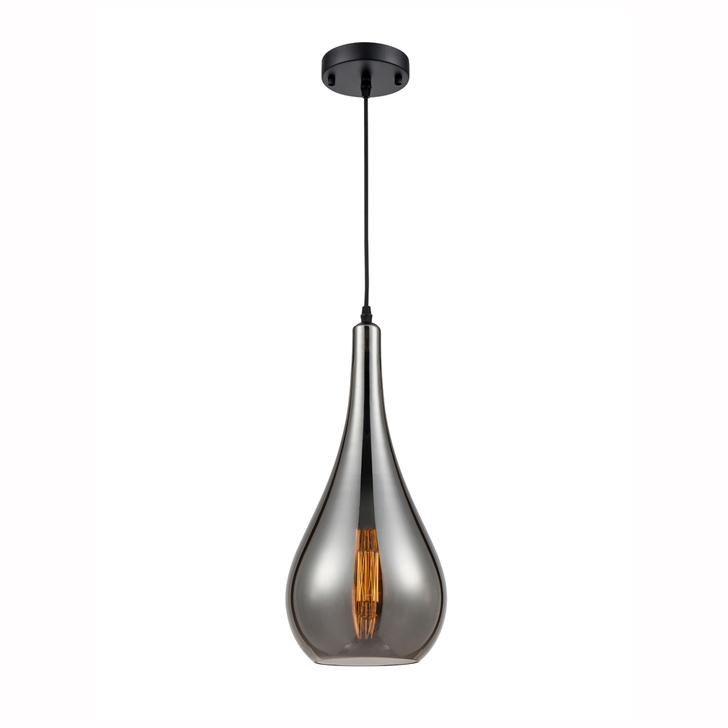 Franklite Droplet Smoke Glass Single Pendant Complete With Black Braided Suspension