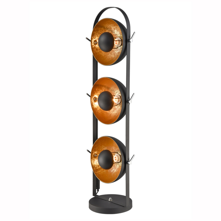 Franklite Earl Black Finish Adjustable 3 Light Industrial Floor Lamp Complete With Gold Finish Interior - Switched