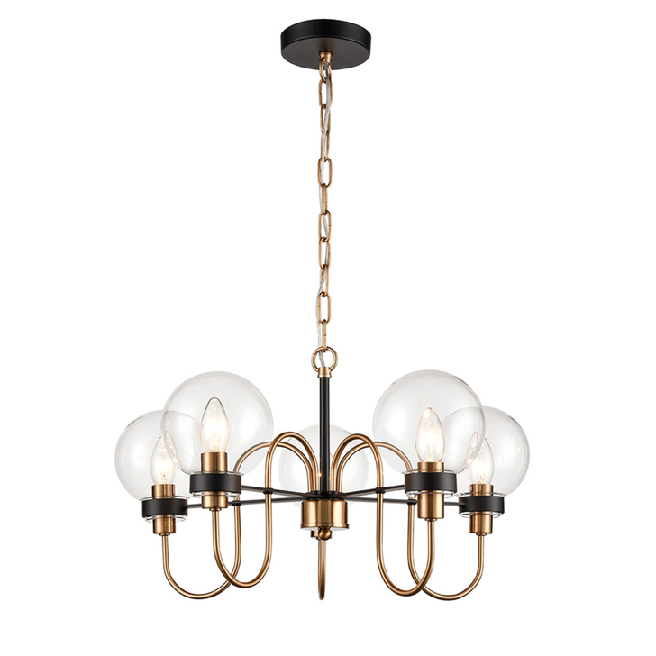 Franklite Equinox Matt Black And Antique Brass Decorative 5 Light Chandelier Complete With Clear Glass Globe