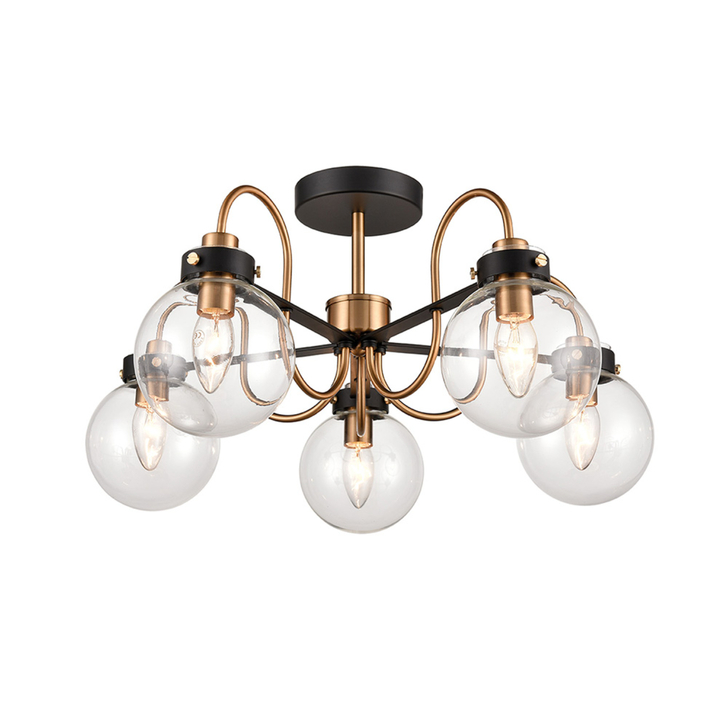 Franklite Equinox Matt Black And Antique Brass Decorative 5 Light Semi-Flush Ceiling Light Complete With Clear Glass Globe