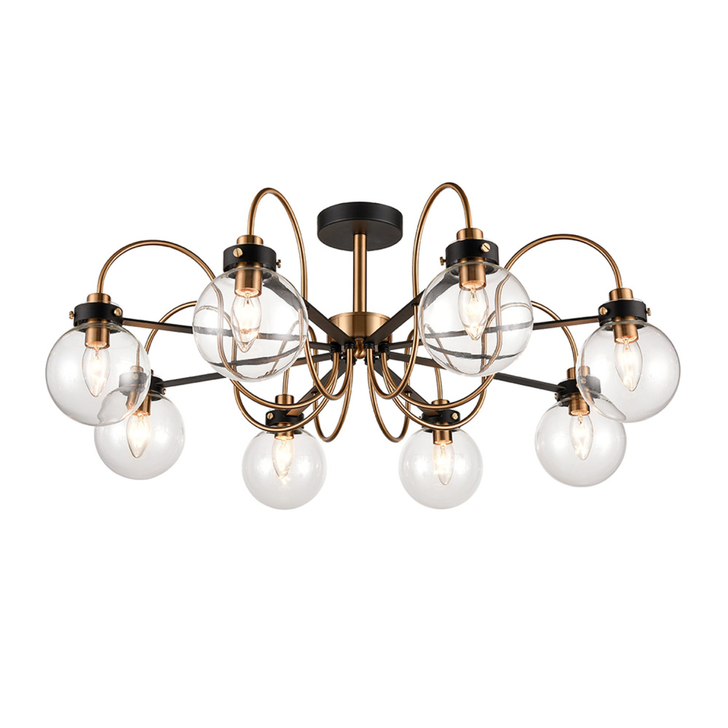 Franklite Equinox Matt Black And Antique Brass Decorative Extra Large 8 Light Semi-Flush Ceiling Light Complete With Clear Glass Globe