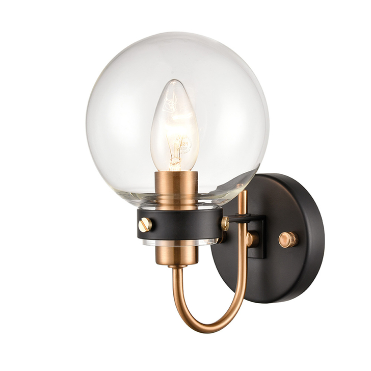 Franklite Equinox Matt Black And Antique Brass Decorative Wall Light Complete With Clear Glass Globe