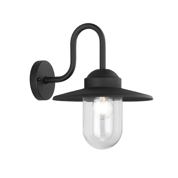 Franklite Exto Matt Black Exterior Swan Neck Wall Light Complete With Clear Glass - IP44