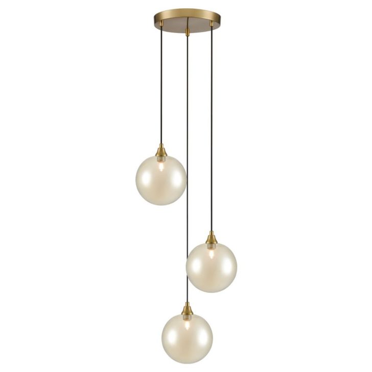 Franklite Galaxy 3 Light Aged Brass Finish Cluster Pendant Complete With Round Amber Glasses