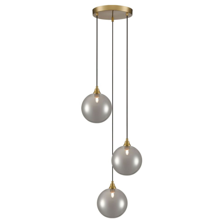 Franklite Galaxy 3 Light Aged Brass Finish Cluster Pendant Complete With Round Smoked Glasses