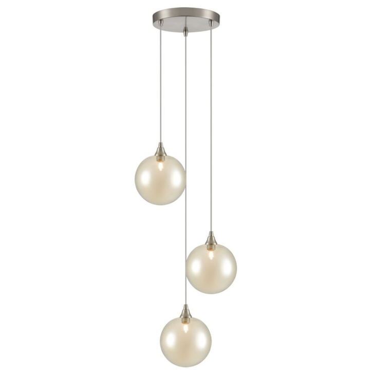 Franklite Galaxy 3 Light Satin Nickel Finish Cluster Pendant Complete With Round Amber Glasses
