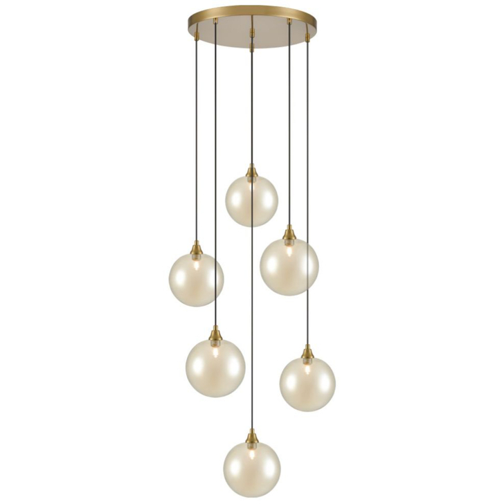 Franklite Galaxy 6 Light Aged Brass Finish Cluster Pendant Complete With Round Amber Glasses