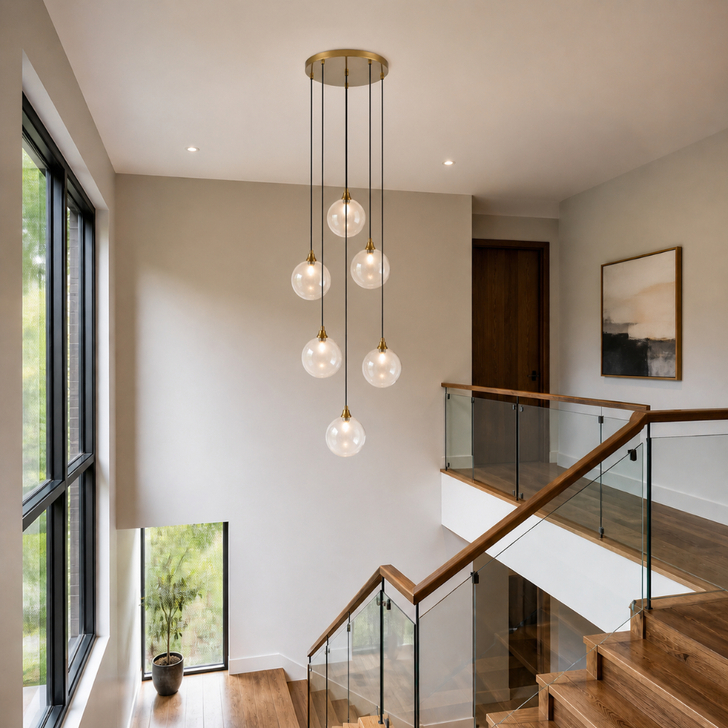 Franklite Galaxy 6 Light Aged Brass Finish Cluster Pendant Complete With Round Clear Glasses