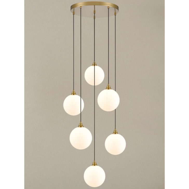 Franklite Galaxy 6 Light Aged Brass Finish Cluster Pendant Complete With Round Matt Opal Glasses