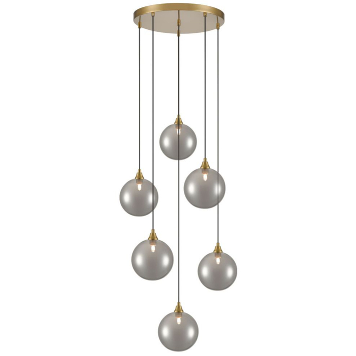 Franklite Galaxy 6 Light Aged Brass Finish Cluster Pendant Complete With Round Smoked Glasses