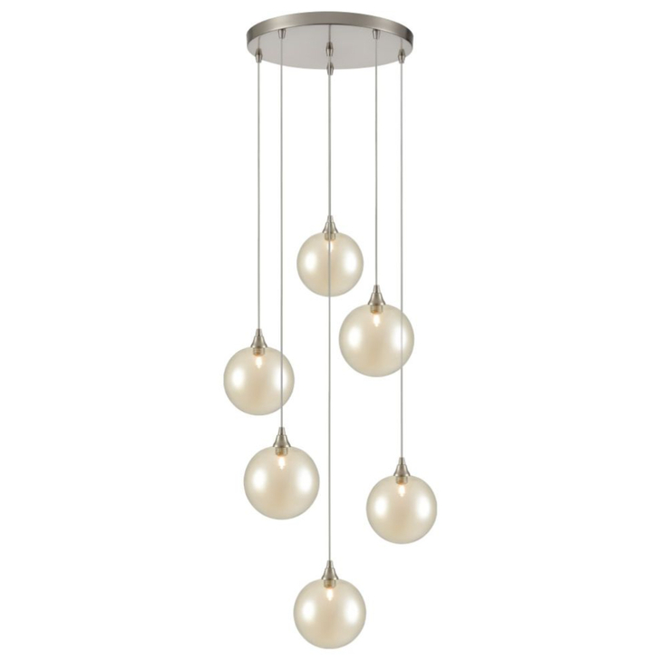 Franklite Galaxy 6 Light Satin Nickel Finish Cluster Pendant Complete With Round Amber Glasses