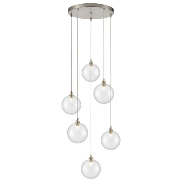 Franklite Galaxy 6 Light Satin Nickel Finish Cluster Pendant Complete With Round Clear Glasses