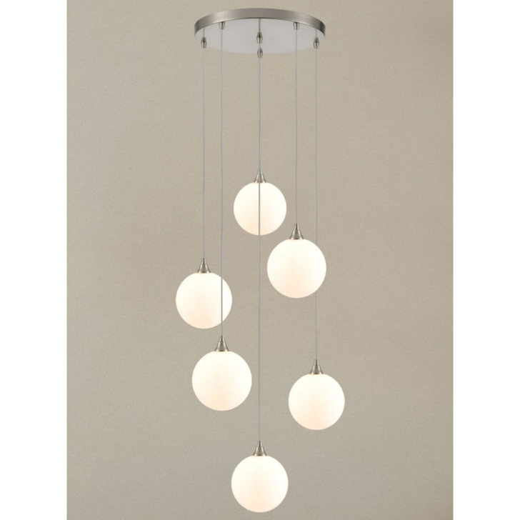 Franklite Galaxy 6 Light Satin Nickel Finish Cluster Pendant Complete With Round Matt Opal Glasses