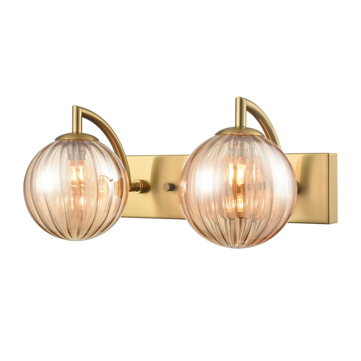 Franklite Globe Double Bathroom Wall Light In Aged Brass With Amber Ribbed Glass Globes - IP44