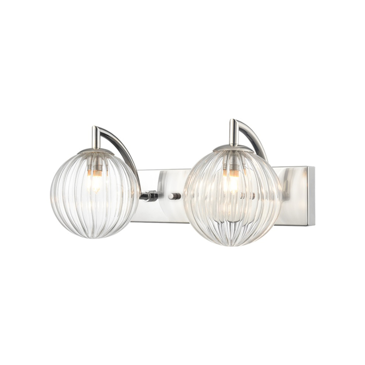 Franklite Globe Double Bathroom Wall Light In Polished Nickel With Clear Ribbed Glass Globes - IP44