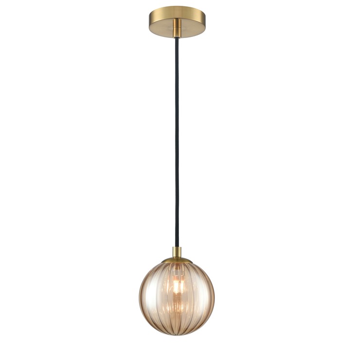 Franklite Globe Single Bathroom Pendant In Aged Brass With Amber Ribbed Glass Globe - IP44