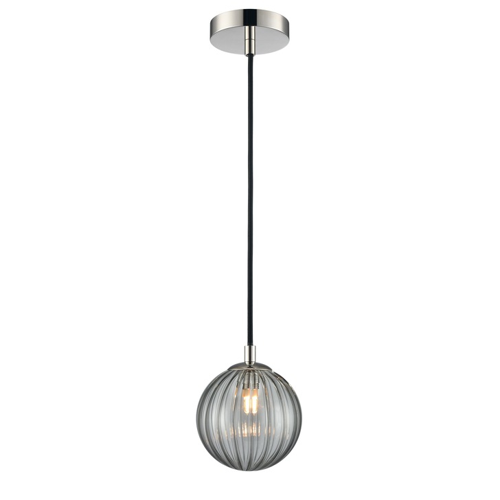 Franklite Globe Single Bathroom Pendant In Polished Nickel With Smoked Ribbed Glass Globe - IP44