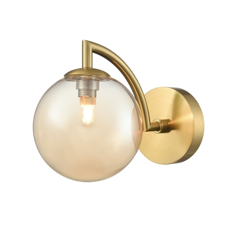 Franklite Globe Single Bathroom Wall Light In Aged Brass With Amber Glass Globe - IP44