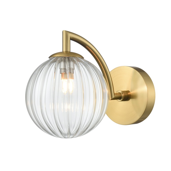 Franklite Globe Single Bathroom Wall Light In Aged Brass With Clear Ribbed Glass Globe - IP44