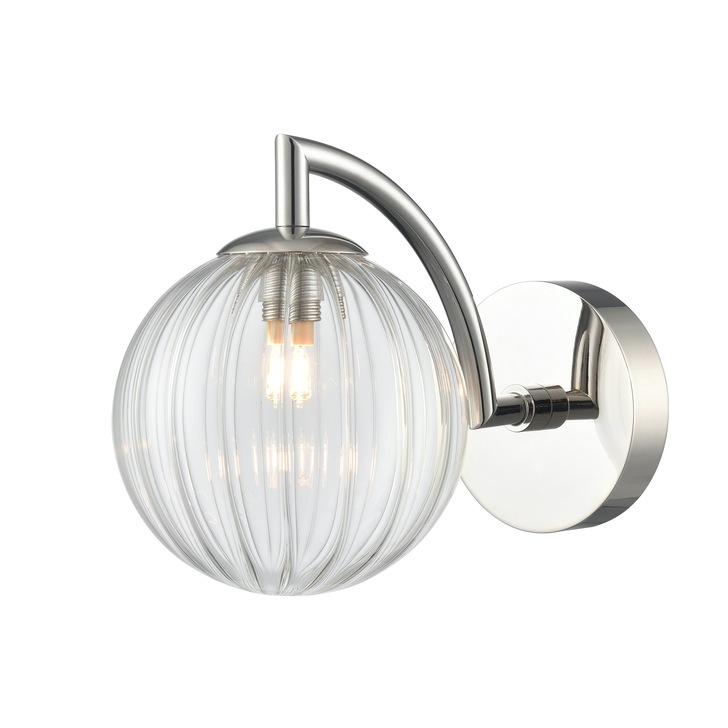 Franklite Globe Single Bathroom Wall Light In Polished Nickel With Clear Ribbed Glass Globe - IP44