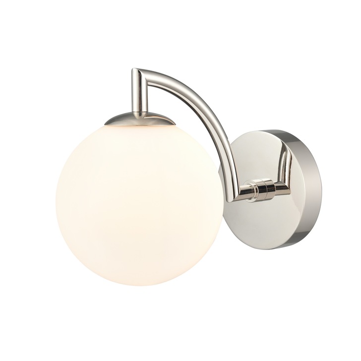 Franklite Globe Single Bathroom Wall Light In Polished Nickel With Opal Glass Globe - IP44