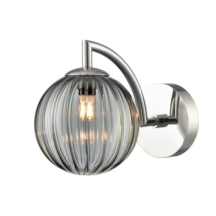 Franklite Globe Single Bathroom Wall Light In Polished Nickel With Smoked Ribbed Glass Globe - IP44