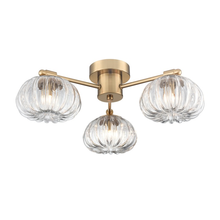 Franklite Harvest 3 Light Flush Ceiling Light In Aged Brass With Clear Ribbed Glass Shades