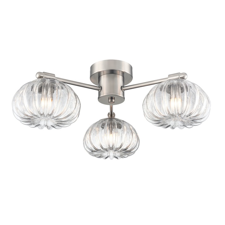 Franklite Harvest 3 Light Flush Ceiling Light In Satin Nickel With Clear Ribbed Glass Shades