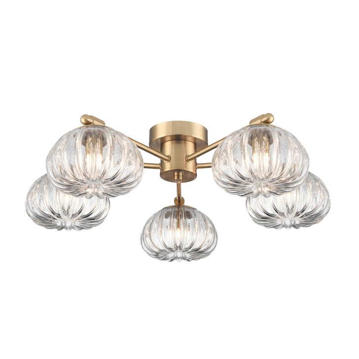 Franklite Harvest 5 Light Flush Ceiling Light In Aged Brass With Clear Ribbed Glass Shades