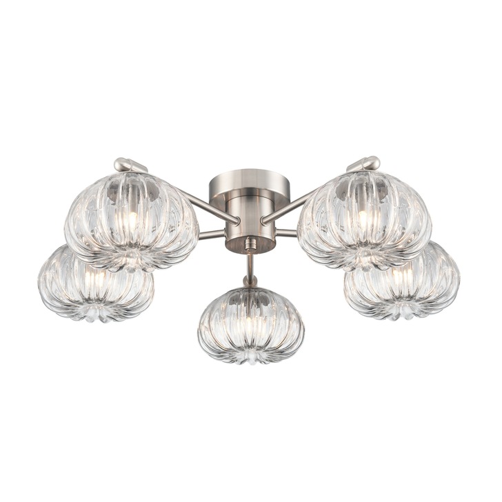 Franklite Harvest 5 Light Flush Ceiling Light In Satin Nickel With Clear Ribbed Glass Shades